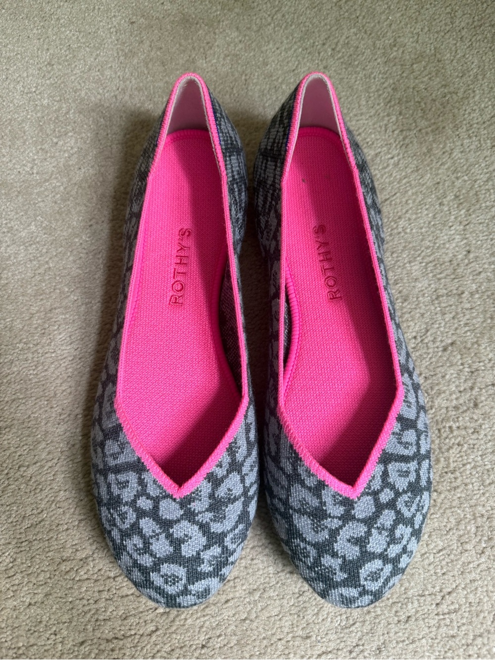 Rothy's Women’s Haze Spot Marino Gray Leopard Knit Flats with Pink Lining